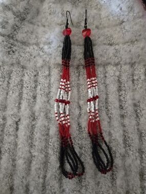 Handmade Red, White & Black Beaded Dangle Earrings With Mini Hearts